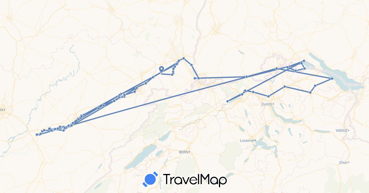 TravelMap itinerary: cycling in Switzerland, Germany, France (Europe)